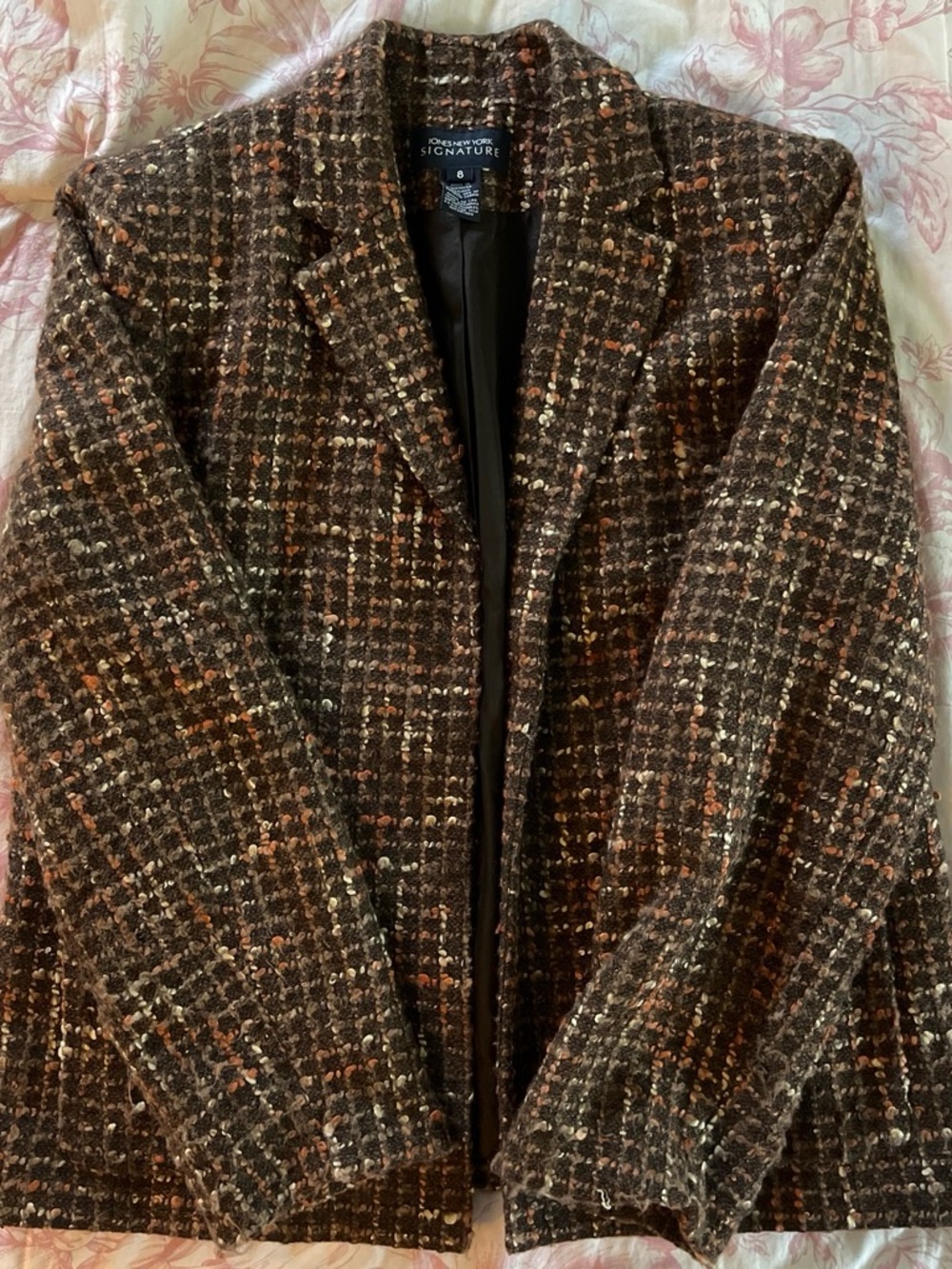 Jones New York Brown Wool Blend Tweed Blazer with Cream and Rust Flecks